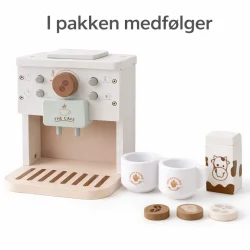 Tr� kaffemaskine leget�j med kopper og kapsler med alt indhold i s�ttet