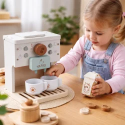 Tr� kaffemaskine leget�j med kopper og kapsler brugt i rolleleg af barn
