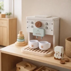 Tr� kaffemaskine leget�j med kopper og kapsler set forfra med to kopper