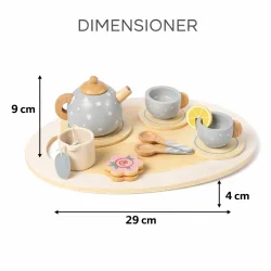 Tr� tes�t til b�rn med bakke, tekande og kopper med m�l og dimensioner