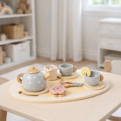 Tr� tes�t til b�rn med bakke, tekande og kopper p� bord i milj�