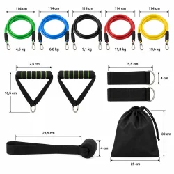 Tr�ningselastik-s�t med m�l, fem modstandsniveauer, h�ndtag, ankelstropper, d�ranker og pose