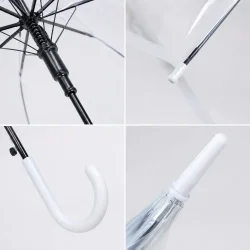 Detaljebillede af gennemsigtig paraply med transparent PVC, sort metalstel, 8 ribber og hvidt buet h�ndtag.