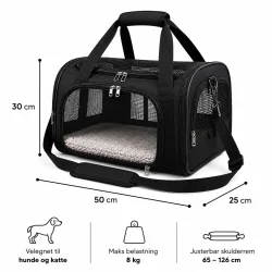 Transportbur til hund med m�l og dimensioner vist p� teknisk produktgrafik med skulderrem og ventilation
