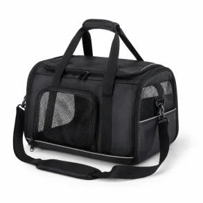 Transporttaske til hund og kat p� hvid baggrund med ventilation, skulderrem og bl�d b�retaske til sm� k�ledyr