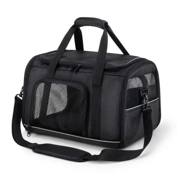 Transporttaske til hund og kat p� hvid baggrund med ventilation, skulderrem og bl�d b�retaske til sm� k�ledyr