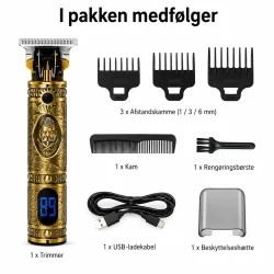 Trimmer til h�r og sk�g med afstandskamme, reng�ringsb�rste og USB-ladekabel