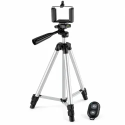 Tripod mobilstativ med telefonholder og Bluetooth fjernbetjening p� hvid baggrund.