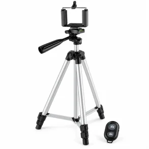 Tripod mobilstativ med telefonholder og Bluetooth fjernbetjening p� hvid baggrund.