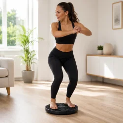 Kvinde bruger Twister Board til core tr�ning og balance i moderne hjemmetr�ning uden sko