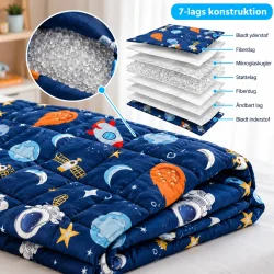 Tyngdedyne til b�rn med grafik, der viser dynens opbygning, quiltning og rumtema.