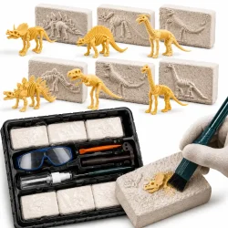 Dinosaur udgravningss�t med 6 fossilblokke, v�rkt�j, sikkerhedsbriller og dinosaur skeletter. STEM l�ring og pal�ontologi for b�rn med fossiler og dinosaurer.