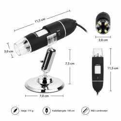 USB mikroskop med m�l og dimensioner vist i teknisk produktgrafik