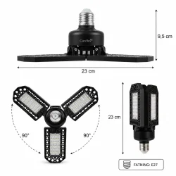 V�kstlys med tre foldbare LED-paneler vist med m�l og dimensioner