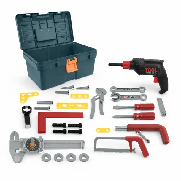 V�rkt�jskasse til b�rn 32 dele med boremaskine og sav med komplet v�rkt�jss�t og kasse