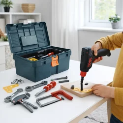 V�rkt�jskasse til b�rn 32 dele med boremaskine og sav brugt i leg med v�rkt�j