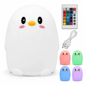 V�gelampe pingvin RGB natlampe til b�rn med USB opladning og fjernbetjening p� hvid baggrund