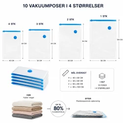 Dimensionsgrafik af vakuumposer til t�j med m�l, st�rrelser og oversigt over poser i s�ttet