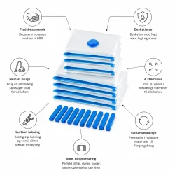Feature infografik af vakuumposer til t�j med fokus p� pladsbesparende opbevaring og luftt�t beskyttelse