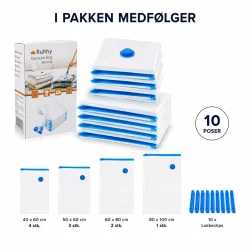 Vakuumposer til t�j med alle dele fra pakken vist p� hvid baggrund inklusive poser og lukkeclips