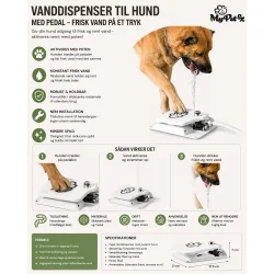 Vanddispenser til hund med pedal infografik med funktioner og brug