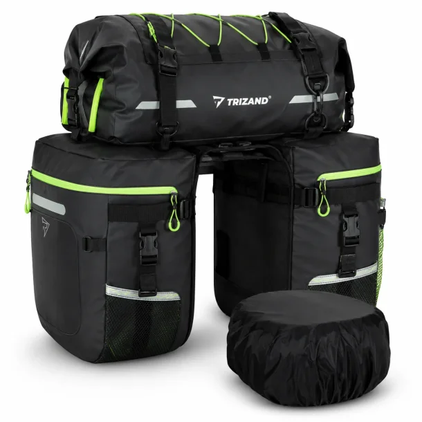 Vandt�t Cykeltaske 65L til Bagageb�rer med 3-i-1 design og sidetasker p� hvid baggrund