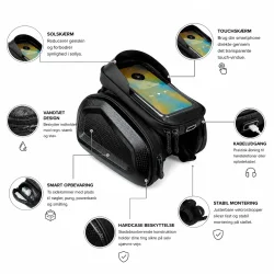 Feature infografik af vandt�t mobilholder til cykel med touchsk�rm og opbevaring
