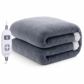 Gr�t elektrisk varmet�ppe med bl�d fleece og temperaturkontrol