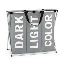 Vasket�jskurv med 3 Rum &ndash; Foldbar 130L til M�rkt, Lyst & Farvet T�j p� hvid baggrund