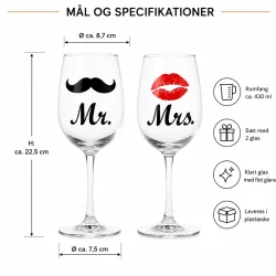 Vinglas s�t med Mr & Mrs motiv &ndash; m�l, h�jde 22,5 cm og rumfang ca. 430 ml