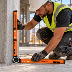 Vinkelm�ler i brug mod v�g og gulv p� en byggeplads til kontrol af vinkel og nivellering.