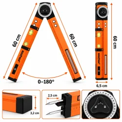 Vinkelm�ler vist med m�lelinjer for produktets l�ngde, bredde og �vrige fysiske m�l.