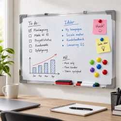 Magnetisk whiteboard tavle monteret p� v�g i kontormilj� med h�ndskrevne planer, magneter, noter, tuscher og visker.