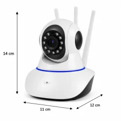 WiFi overv�gningskamera med m�ltegning som viser produktets dimensioner p� 14 x 12 x 11 cm